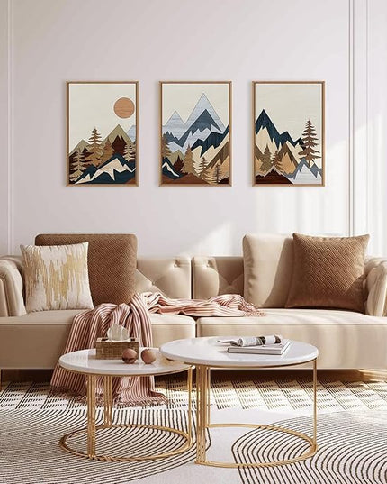 HOURIA Mid Century Mountain Woodland Framed Wall Art Set,Boho Sunrise Pine Tree Wall Decor,Wilderness Nature Forest Artwork,Modern Woodcut Field Art Print for Living Room,Bedroom,Office- 16"x24"x3
