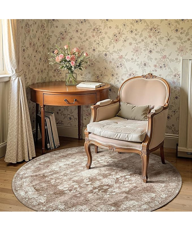 jinchan Round Rug 5ft Area Rug - Brown Vintage Floor Mat Kitchen Indoor - Washable Circle 5' Thin Floral Print Carpet Retro Farmhouse Non Slip Dining Room Living Room Bedroom Office
