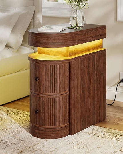 Nightstand with LED Lights, Narrow Nightstand with 3 Drawers, Curved Edge Sliding Top Storage Space for Bedroom, Living Room