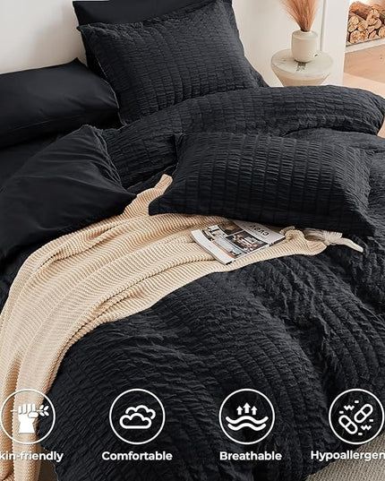 HYMOKEGE Black Full Size Comforter Sets Seersucker 7 Pieces, All Season Luxury Bed in a Bag for Bedroom, Bedding Set with Comforters, Sheets, Pillowcases & Shams