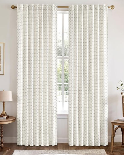 MIULEE Decorative Back Tab Linen Curtains with Geometric Pattern for Living Room Bedroom Farmhouse Rustic Thick Woven Textured Patterned Mudcloth Drapes 90 Inch Long 2 Panels Set, Pure White