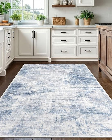 IOHOUZE Abstract Area Rugs 5x7 Ft Washable Rugs for Living Room, Non Slip Dining Room Rug, Printed Faux Wool Rugs for Bedroom, Floor Carpet for Office Nursery Playroom, Light Blue White
