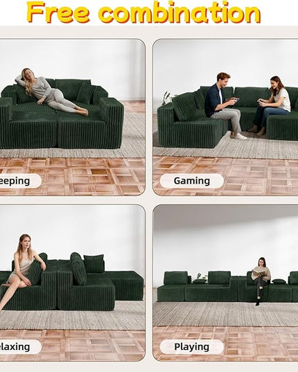 132" U Shaped Boneless Couch, Cloud Sectional Modular Sofa with Double Chaise Lounge, Corduroy Cloud Couch with Pillows & Deep Seat, Boneless Sofa for Living Room, Green
