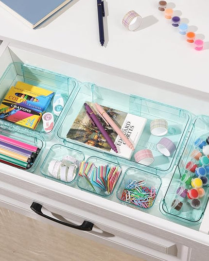 14 Pcs Adjustable Clear Drawer Organizer, Extendable Vanity Storage Bins, Desk Drawer Organizer Set for Makeup, Cosmetics, Bedroom, and Gadgets, Blue