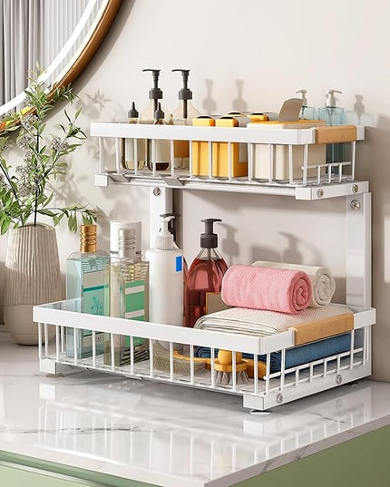 Under Sink Organizer, 2 Packs 2 Tier Under Sink Organizers and Storage, Slide out Pull out Cabinet Organizer Shelf, Metal Sliding Drawer for Kitchen Bathroom Pantry Closet Rack(White)