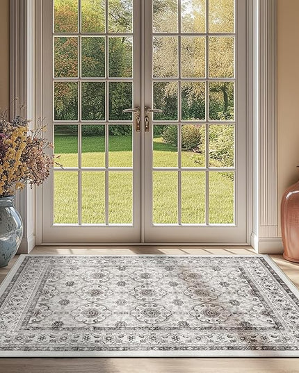 jinchan Floral 3x5 Area Rugs for Entryway - Beige Vintage Distressed Design Doormat Non-Slip Ultra-Thin Low Pile Boho Rug for Kitchen Living Room Bedroom Farmhouse (3‘x5', Beige)
