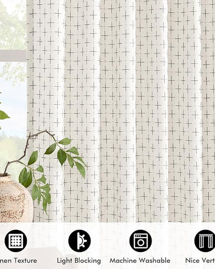 MIULEE Decorative Back Tab Linen Curtains with Geometric Pattern for Living Room Bedroom Farmhouse Rustic Thick Woven Textured Patterned Mudcloth Drapes 84 Inches Long 2 Panels Set, Pure White