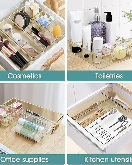 WOWBOX 25 PCS Plastic Drawer Organizer Set, 4 Sizes Desk Drawer Divider Organizers and Storage Bins for Makeup, Jewelry, Gadgets for Kitchen, Bedroom, Bathroom, Office, Clear Champagne