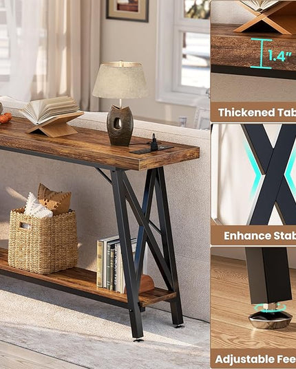 Homieasy 70.9 Inch Extra Long Console Table, Industrial Sofa Table Behind Couch with Charging Station & Storage Shelf, Entryway Table for Living Room & Entryway, Rustic Brown