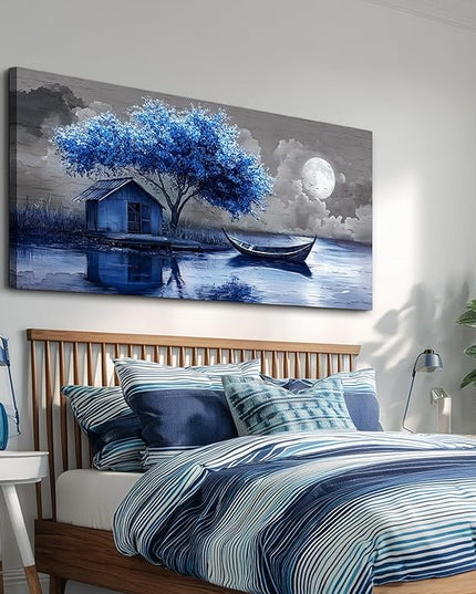 XIGUANGART Large Canvas Wall Art for Living Room Blue Boat and House Picture Paintings Abstract Art Prints Modern Ocean Scenery Artwork Tree of Life Poster for Bedroom Bathroom Office Home Wall Decor