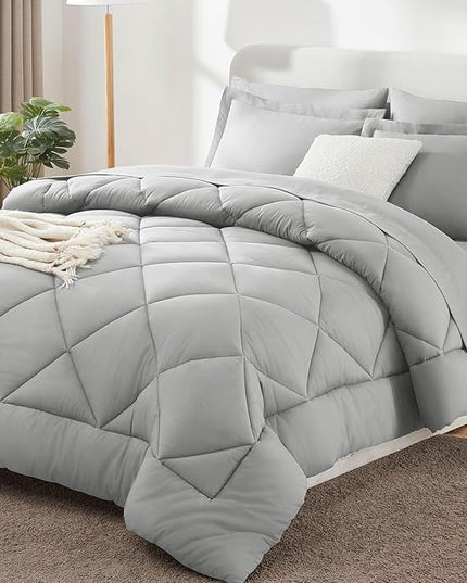 CozyLux Queen Comforter Set Light Grey - Bed in a Bag Queen Size 7 Pieces, Luxury Soft Bed Set for All Seasons, Bedding Set with Down Alternative Comforter, Sheets, Pillowcases & Shams