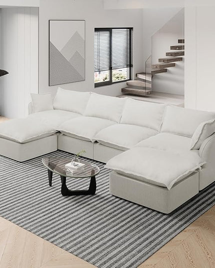 Cloud Sectional Sofa, 146.4" Large Convertible Modular Couches, U Shape Down Fill Sectional Sofa,Detachable Couch Cushion Covers, 6 Seater Corner Sofa for Living Room,Grey