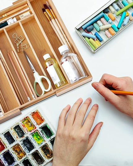 2-Piece Bamboo Silverware Organizer, Expandable Kitchen Drawer Organizer for Cutlery and Utensils, Multifunction Adjustable Bamboo Wood Cutlery Tray in Drawer for Flatware, (Natural)