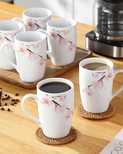 VEWEET Large Coffee Mugs Set of 6, 16 OZ Coffee Cups Set with Handle, Floral Mug Sets Ceramic Cup Set for Kitchen, Microwave& Dishwasher Safe, Series ANNIE