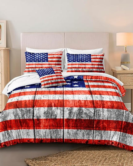 Merryword 6 Pcs Bed in a Bag USA Flag Comforter Set Twin Size American Flag Bedding Set Wooden Planks Bedding Comforter Set