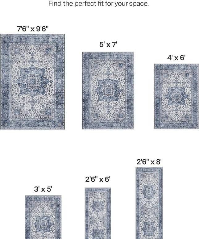 ReaLife Rugs Machine Washable Area Rug Runner - Living Room Bedroom Bathroom Kitchen Entryway Office - Padded Low Pile Stain Resistant Premium - Boho Farmhouse Vintage - Joy - Blue Ivory 2'6" x 8'