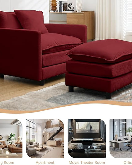 SZLIZCCC 56.3''D Oversized Chaise Lounge Chair Indoor, Comfy Chenille Upholstered Sofa Chair with Ottoman, Deep Seat Single Sofa Couch with 1 Pillow for Living Room(Wine red, 56.3''-Single)