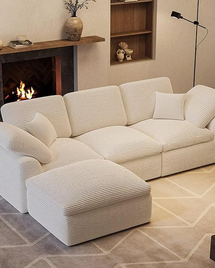 Cloud Sectional Couches for Living Room, L Shaped Modular Sectional Sofa with Ottoman, Convertible Corduroy Couch for Apartment, 4 Seater Boneless Comfy Cloud Sofa, No-Assembly, Cream