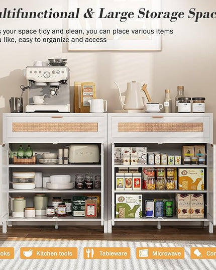 YOUDENOVA 60.3" Sideboard Buffet Cabinet, Rattan Cabinet Cupboard Console with 4 Doors & 2 Drawers, Boho Coffee Bar Table with Adjustable Shelves for Dining Room, Living Room, White