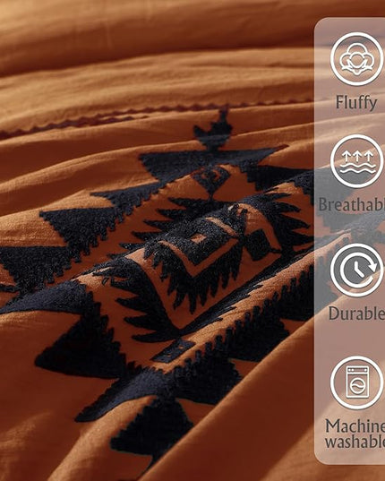 MaiRêve Embroidery Comforter Set, Boho Farmhouse Western Bedding Set, All Season Bed in A Bag Comforter Set with Sheets, Pillowcases & Shams, Burnt Orange Queen 7 Pieces