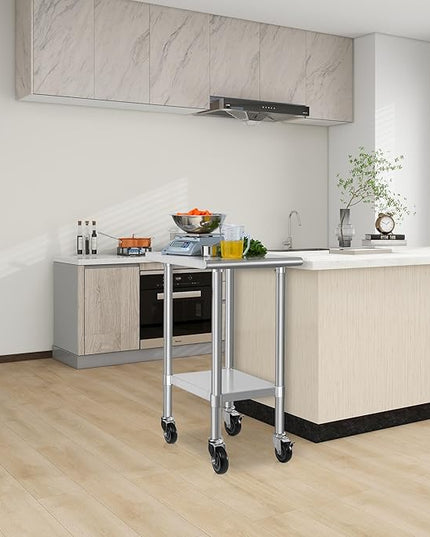 HARDURA Stainless Steel Commercial Table Prep & Work Table with Casters Heavy Duty Metal Table with Wheels NSF 430 24×24 Inches
