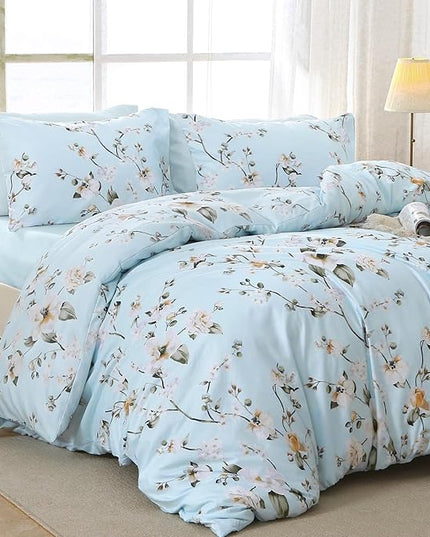 MUXHOMO Ceiba Blue Full Comforter Set, Elegant Floral Print Bed in a Bag 7 Pieces, Ultra Soft & Breathable Reversible Botanical Pattern Bedding Set with Comforter, Sheets, Pillowcases, and Shams