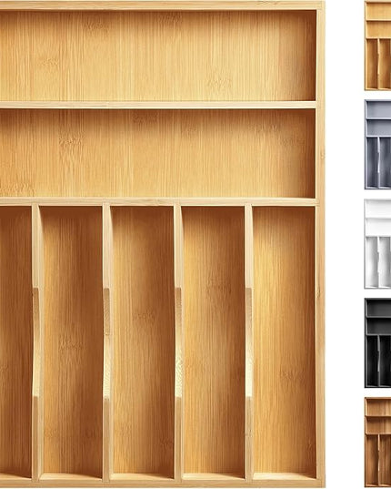 Kitchen Bamboo Silverware Organizer, Kitchen Drawer Organizer - Utensil Holder and Cutlery Tray with Grooved Drawer Dividers for Flatware 7 Slot, Natural