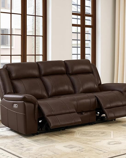 CHITA Genuine Leather Power Recliner Sofa, Wall Hugger Reclining Sofa with Drop Down Table, Power Headrest, Drawers, Charging Ports, Reclining Sectional Couch for Living Room, RV, Dark Brown