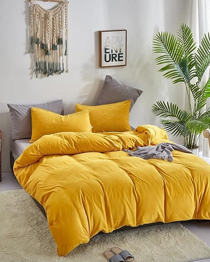 Houseri Velvet Comforter Set - Twin Girls & Boys Fluffy Bedding - Dark Yellow Sherpa & Mustard Fuzzy Flannel Plush Comforters