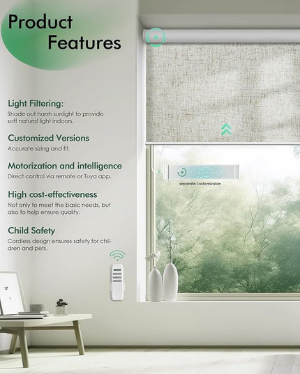Yoolax Motorized Blinds with Remote, Light Filtering Remote Shades for Windows, Automatic Roller Shades Cordless Electric Blinds for Bedroom Living Room Office, Custom Size (Linen Beige)