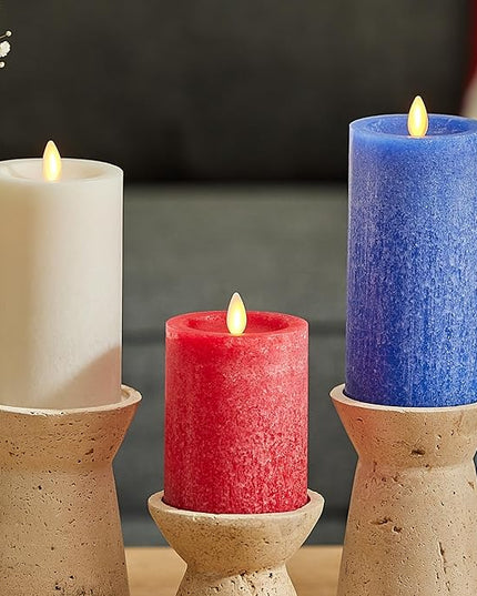 Luminara Red White & Blue Americana Pillar Trio - Set of 3 Flickering Flameless Wax Candles - Battery Operated LED Real Flame Illumination for Patriotic Holiday Decor - Timer - Remote Sold Separately