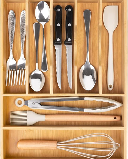 Bellsal Bamboo Silverware Drawer Organizer, Kitchen Utensil Drawer Organizers, 12"x15.7" Utensils Holder Cutlery Tray with Grooved Drawer Dividers for Kitchen Flatware Bedroom Office(7 Slot, Natural)
