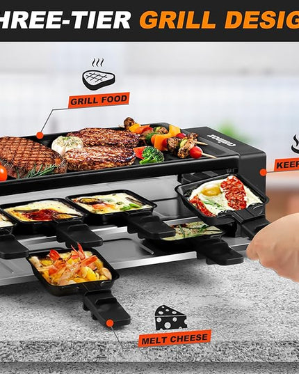 CUSIMAX Raclette Grill Korean BBQ Grill, Portable Raclette Table Grill Electric Grill with Non-stick Plate, Adjustable Temperature Control, Indoor Grill with Cool Touch Handles, 8 Cheese Trays for Fun