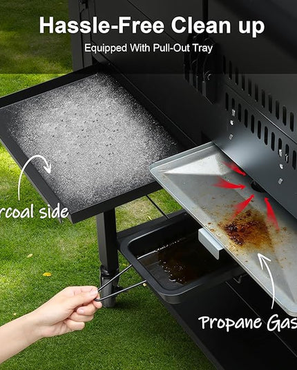Brand-Man Propane Gas and Charcoal Grill Combo, Dual Fuel BBQ Combo Grill with Stainless Steel Dual Lids & 2 Side Shelves for Outdoor Kitchen & Backyard Barbecue Cooking