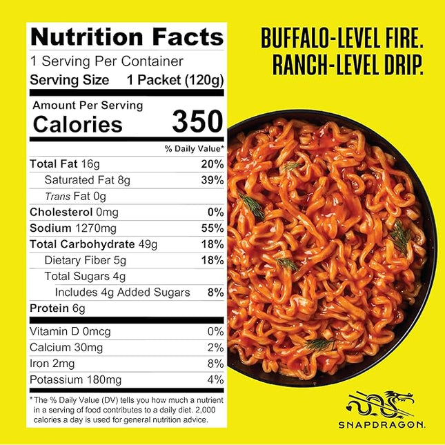 Snapdragon Saucy Instant Noodles with Spicy Buffalo Ranch Slurpable Sauce - Quick Meal, Snack, and Lunch. 4-Pack Microwave Noodles for Cup, Bowl, Ramen or Asian Stir Fry