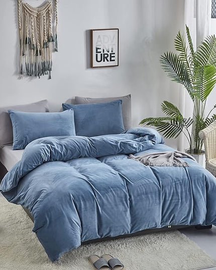 Luxlovery Blue Velvet Comforter Set Twin Lake Blue Flannel Plush Bedding Set Winter Thick Warm Solid Haze Blue Quilts Blanket Soft Heavyweight Comforter Set for Twin Bed