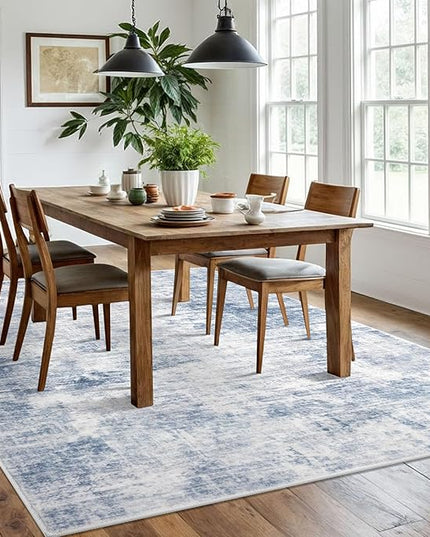 IOHOUZE Abstract Area Rugs 6x9 Ft Washable Rugs for Living Room, Non Slip Dining Room Rug, Printed Faux Wool Rugs for Bedroom, Floor Carpet for Office Nursery Playroom, Light Blue White