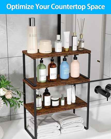 Golener Countertop Organizer Corner Shelf, 2-Tier Adjustable Stackable Corner Shelves for Kitchen, Spice Rack, Coffee Area, Over Sink, Bathroom, Dresser Table, Corner Counter Shelf Stand, Rustic Brown