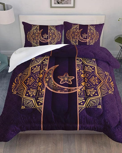 AILONEN Moon Star Comforter Set Twin Size, Gold Crescent Boho Bedding Set,Purple Print Soft and Lightweight Quilt Set All Season 3 Pieces,1 Comforter and 2 Pillowcases