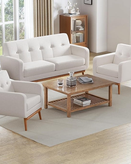 HUIMO Sofa Couch, Mid Century Modern Sofa with Solid Wood Frame, Button Tufted Couch for Bedroom, Living Room, Office, Apartment (White, 60 inch)
