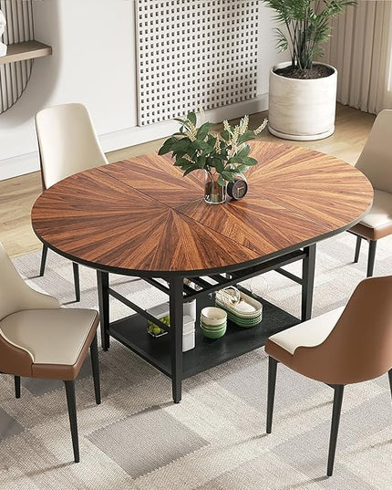 VFK 47.2"-63" Extendable Round Dining Table Set for 4–6, Solid Wood & Metal Table with Wine Rack Storage Shelf, Walnut Kitchen Furniture with 4 Upholstered Chairs (Storage Table and 4 Brown Chairs)