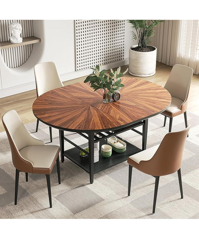 VFK 47.2"-63" Extendable Round Dining Table Set for 4–6, Solid Wood & Metal Table with Wine Rack Storage Shelf, Walnut Kitchen Furniture with 4 Upholstered Chairs (Storage Table and 4 Brown Chairs)