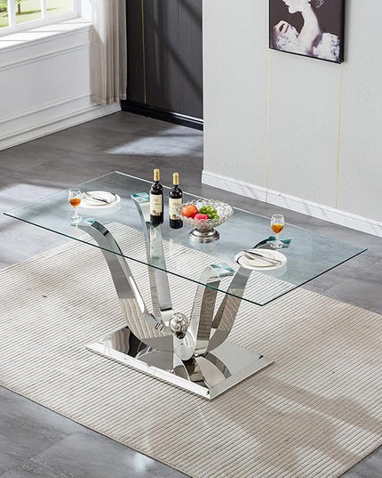 70" Silver Tempered Glass Dining Table, Modern Glass Kitchen Table Dining with Tempered Glass Tabletop and Unique Stainless Steel Pedestal, Modern Kitchen Dining Room Table for 8