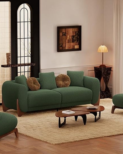 Morden Fort 3 Piece Cloud Couch Set, Modern Sherpa Boucle Sofa Set with Wood Legs, Skin-Friendly Minimalist Upholstered Comfy Couch Sofas for Living Room, 3-Seater Sofa & 2 Chairs, Forest Green