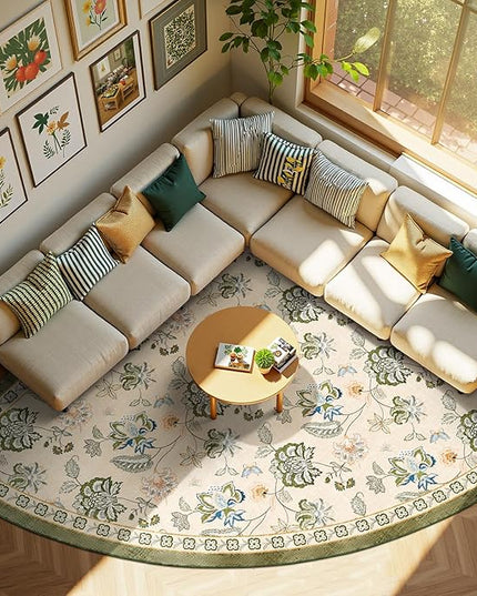 jinchan Elora Floral Corner Rug for Living Room Washable Rug Vintage Romance Christmas Design Non Slip Quarter Circle Lightweight Low-Pile Throw Carpet for Reading Playroom, 7ft Radius, Green/Beige