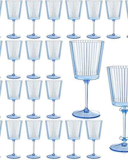 24 PCS Blue Ribbed Plastic Wine Glasses 13.5 OZ Ribbed Wine Glasses Detachable Wine Glass Elegant Fluted Glassware Vintage Style for Wedding Anniversary Birthday Dinner Parties(Blue, 24 Pack)