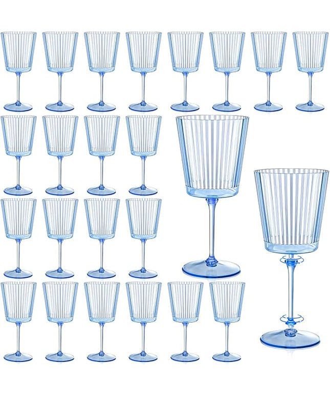 24 PCS Blue Ribbed Plastic Wine Glasses 13.5 OZ Ribbed Wine Glasses Detachable Wine Glass Elegant Fluted Glassware Vintage Style for Wedding Anniversary Birthday Dinner Parties(Blue, 24 Pack)