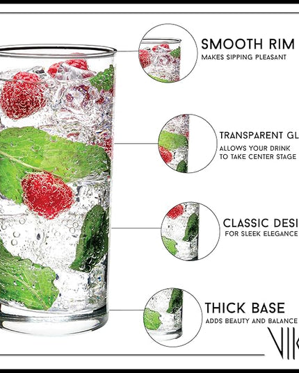 Vikko Water Glasses, Set of 6 Drinking Glasses, Thick and Durable Tumbler, 10 Ounce Tall Kitchen Glasses, Dishwasher Safe Highball Glass Tumbler, Heavy Duty Cups