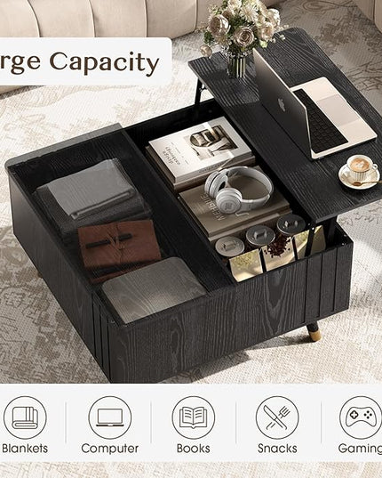 Lift Top Coffee Table with Storage, Mid Century Modern Coffee Table with Solid Wood Legs, 31.5" Square Center Table for Living Room, Home Office, Black