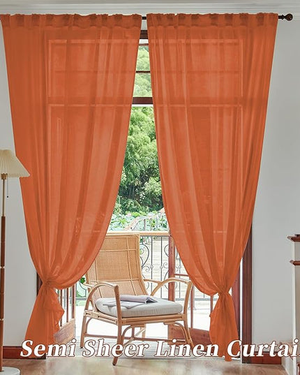 Rust Sheer Linen Curtains 96 Inch Long for Living Room 2 Panels Back Tab Pocket Soft Light Weight Airy Semi Privacy Linen Sheer Curtains for Bedroom Dining Cottage Urban Decor 8 FT 52x96 Burnt Orange